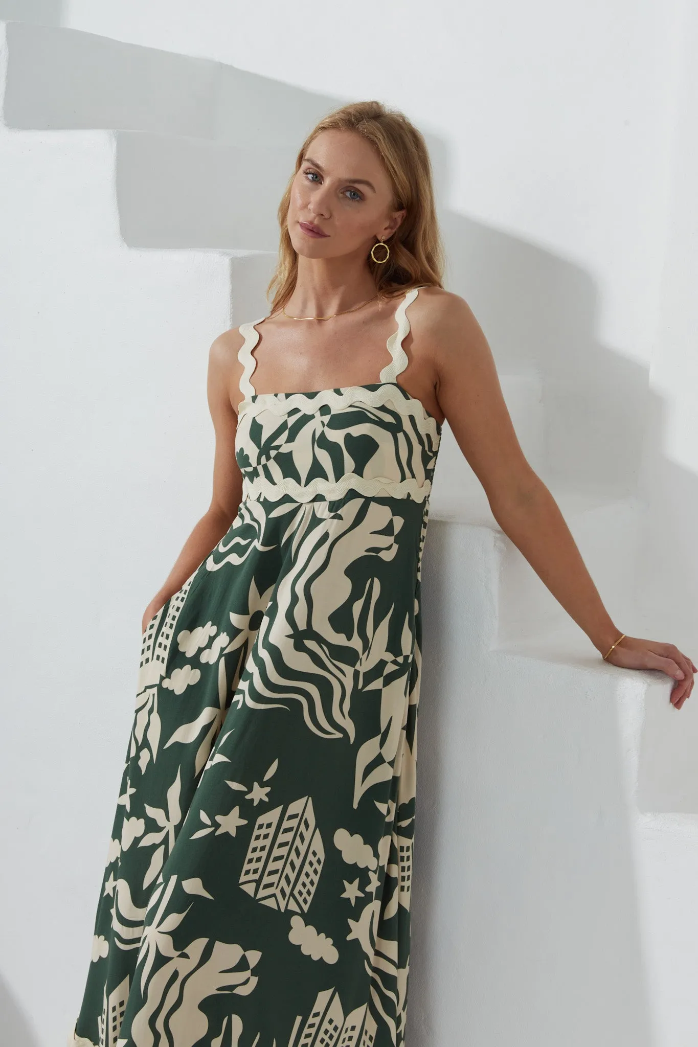 Cali Green Abstract Ric Rac Maxi Dress