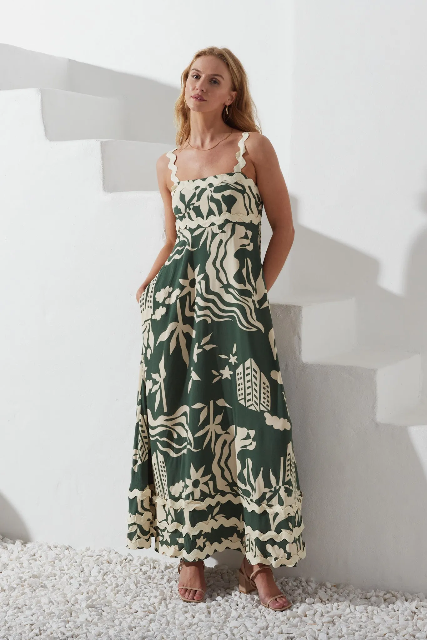 Cali Green Abstract Ric Rac Maxi Dress