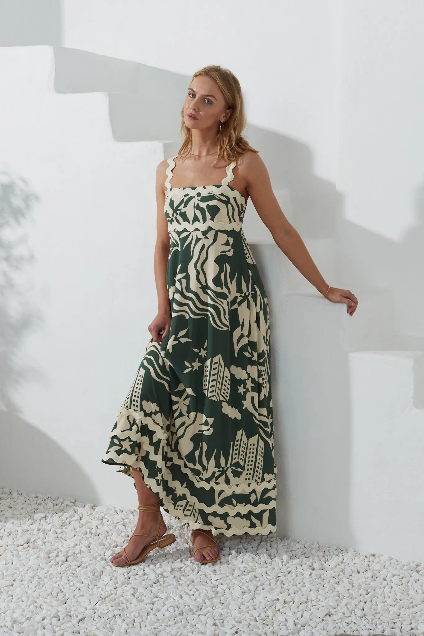 Cali Green Abstract Ric Rac Maxi Dress