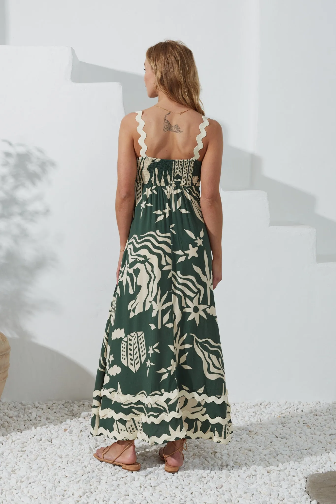 Cali Green Abstract Ric Rac Maxi Dress