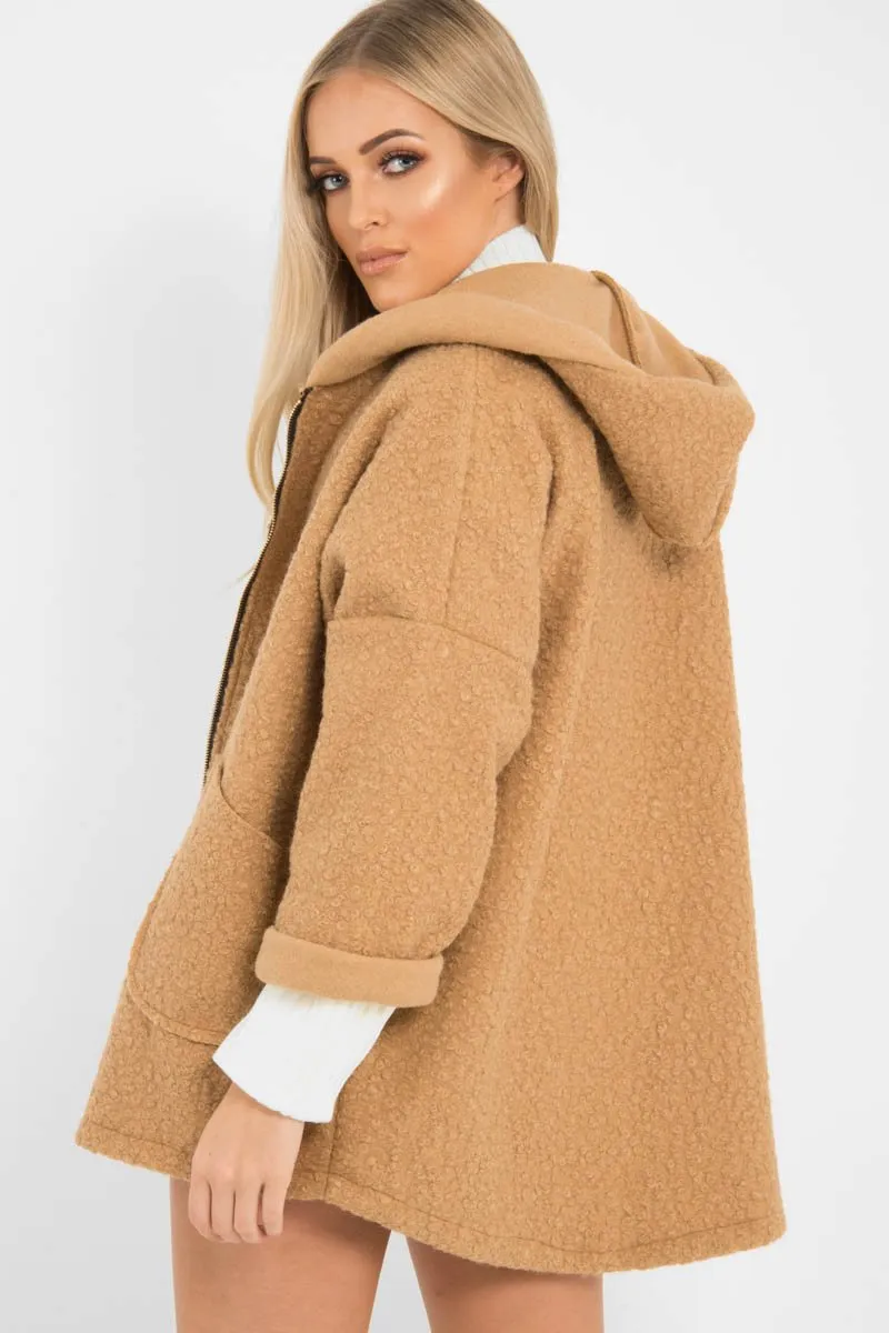 Camel Hooded Zip Front Borg Coat - Loryn