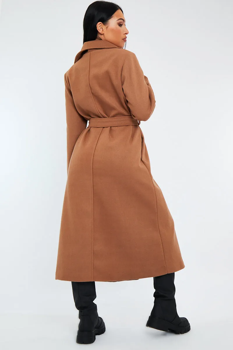 Camel Longline Belted Tailored Coat - Syma