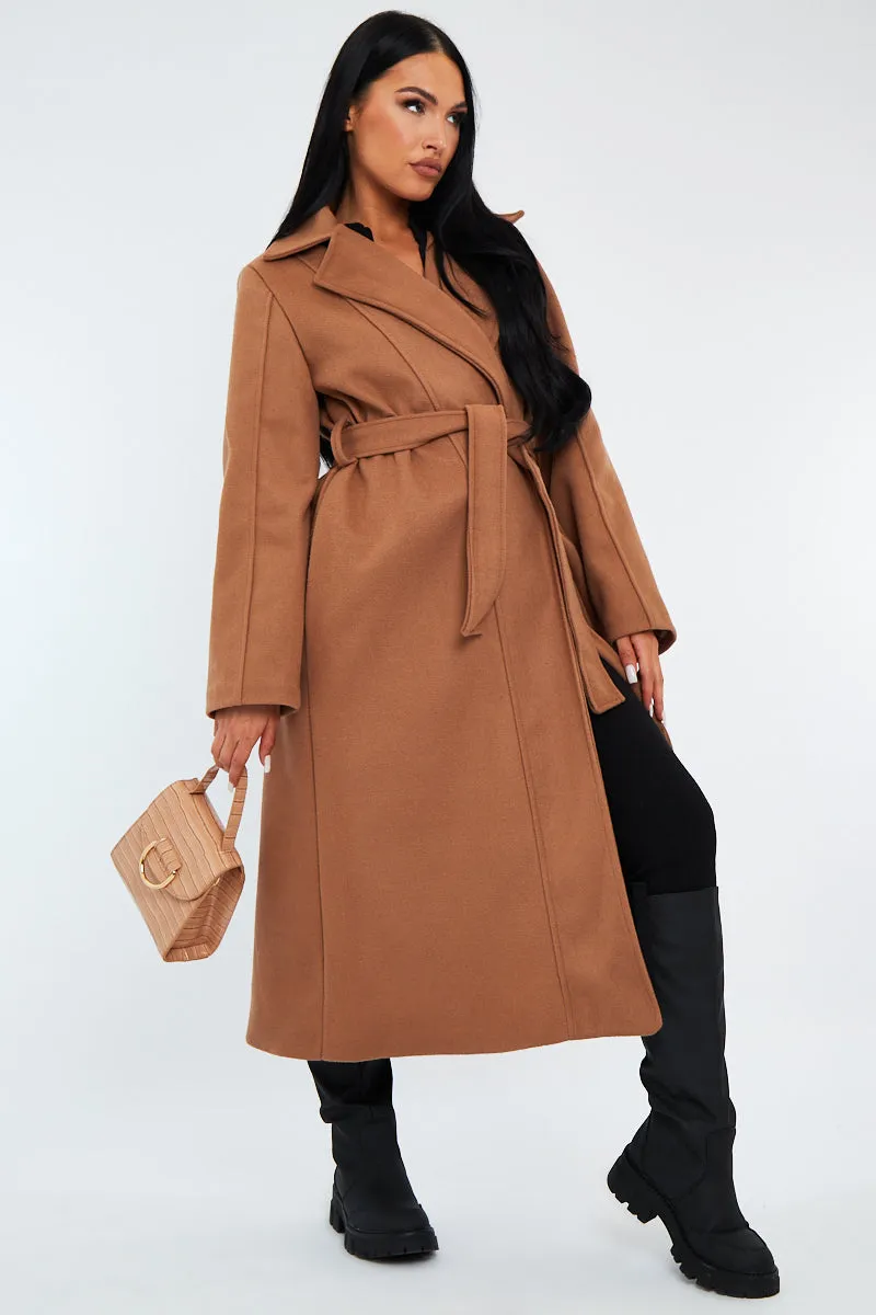 Camel Longline Belted Tailored Coat - Syma