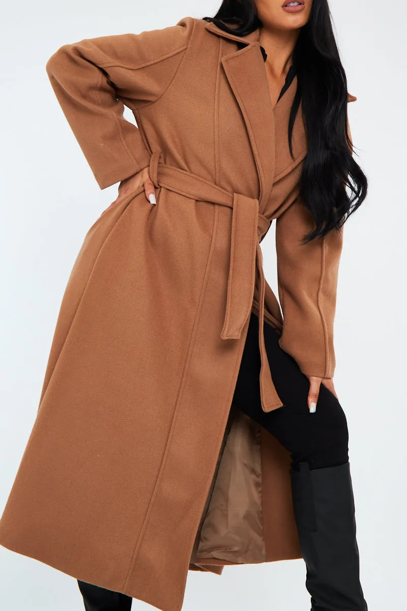 Camel Longline Belted Tailored Coat - Syma