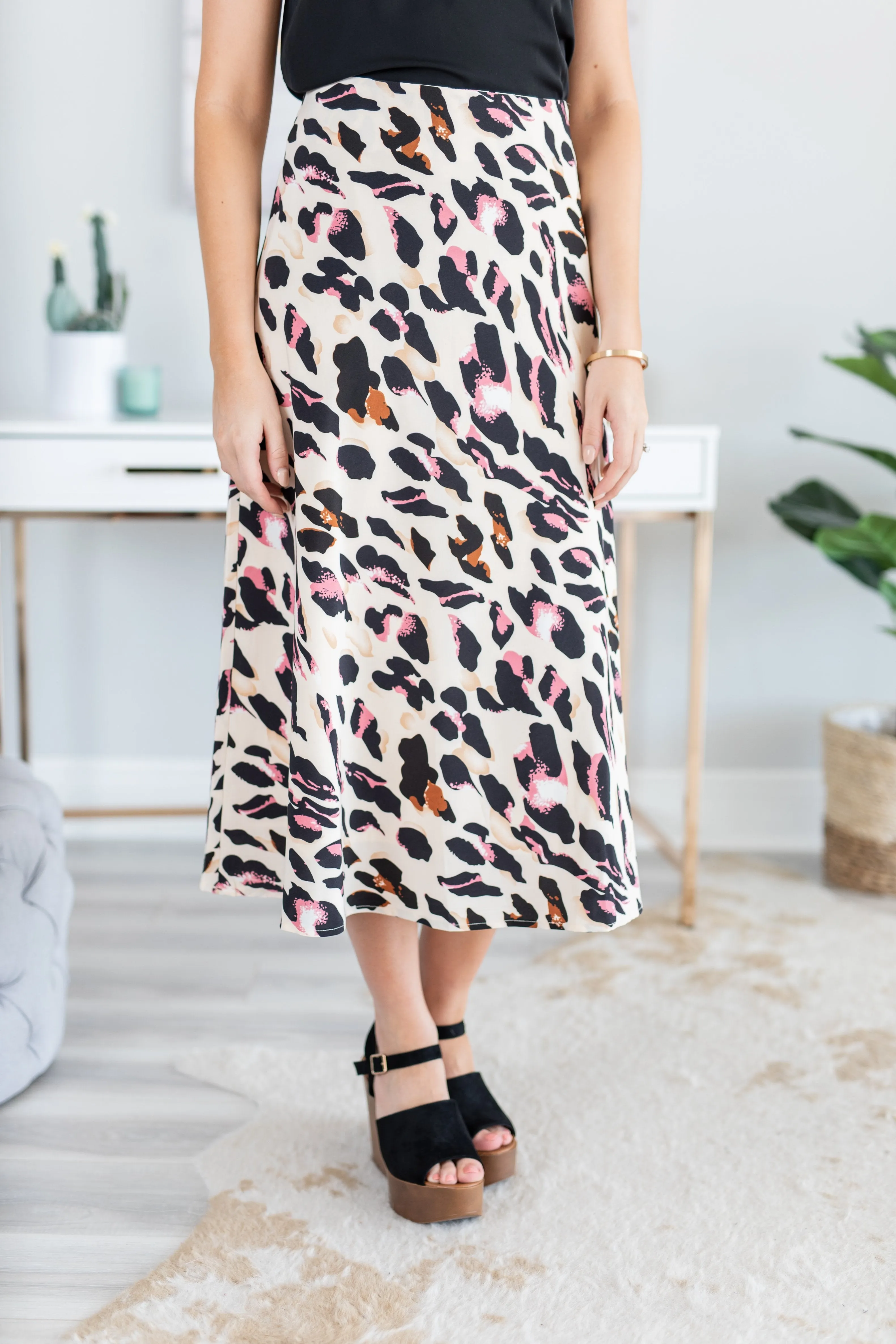 Can't Stop Me Beige Brown Leopard Midi Skirt