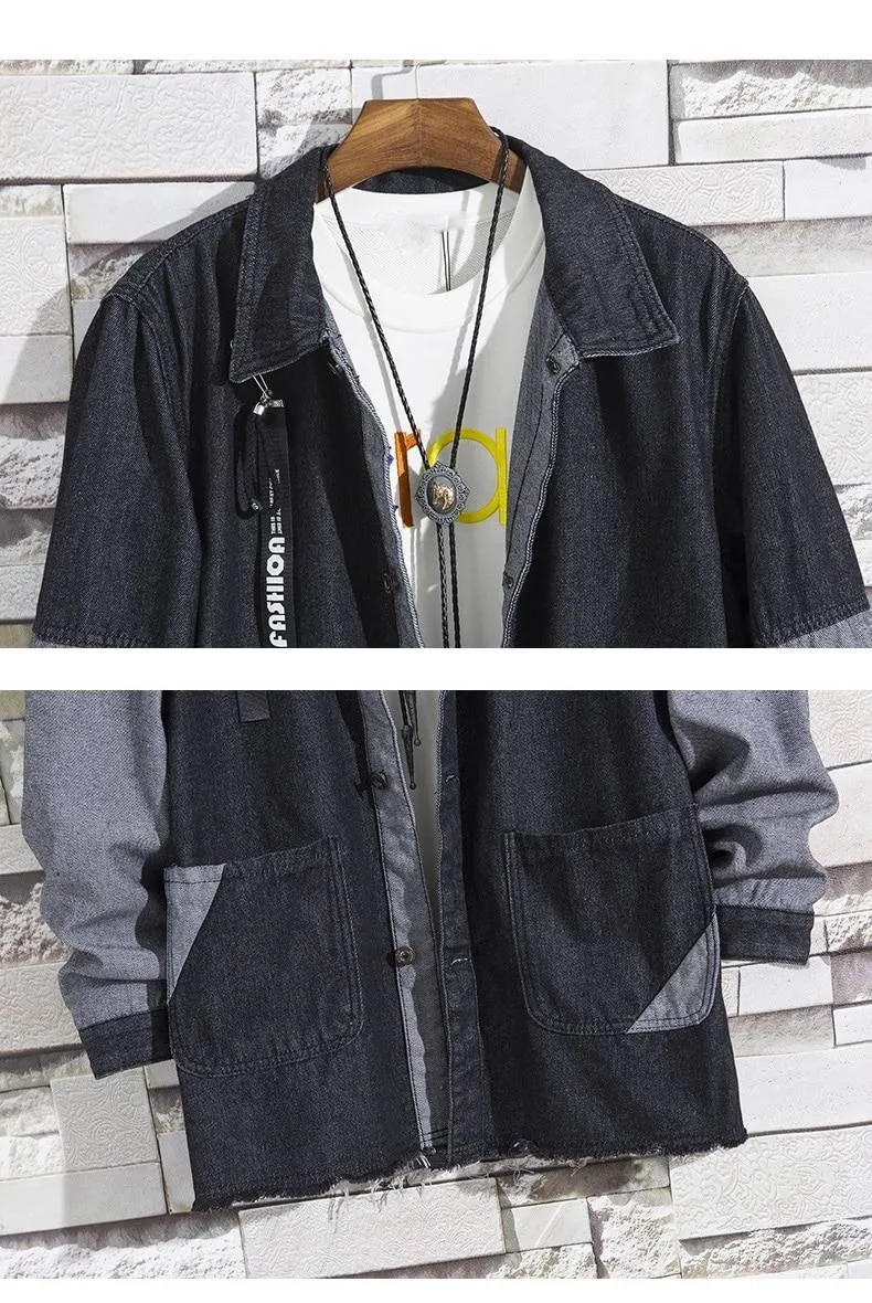 Casual Denim with Black Patchwork Men Loose Outer