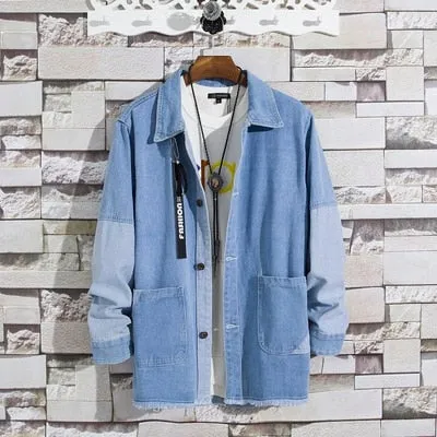 Casual Denim with Black Patchwork Men Loose Outer