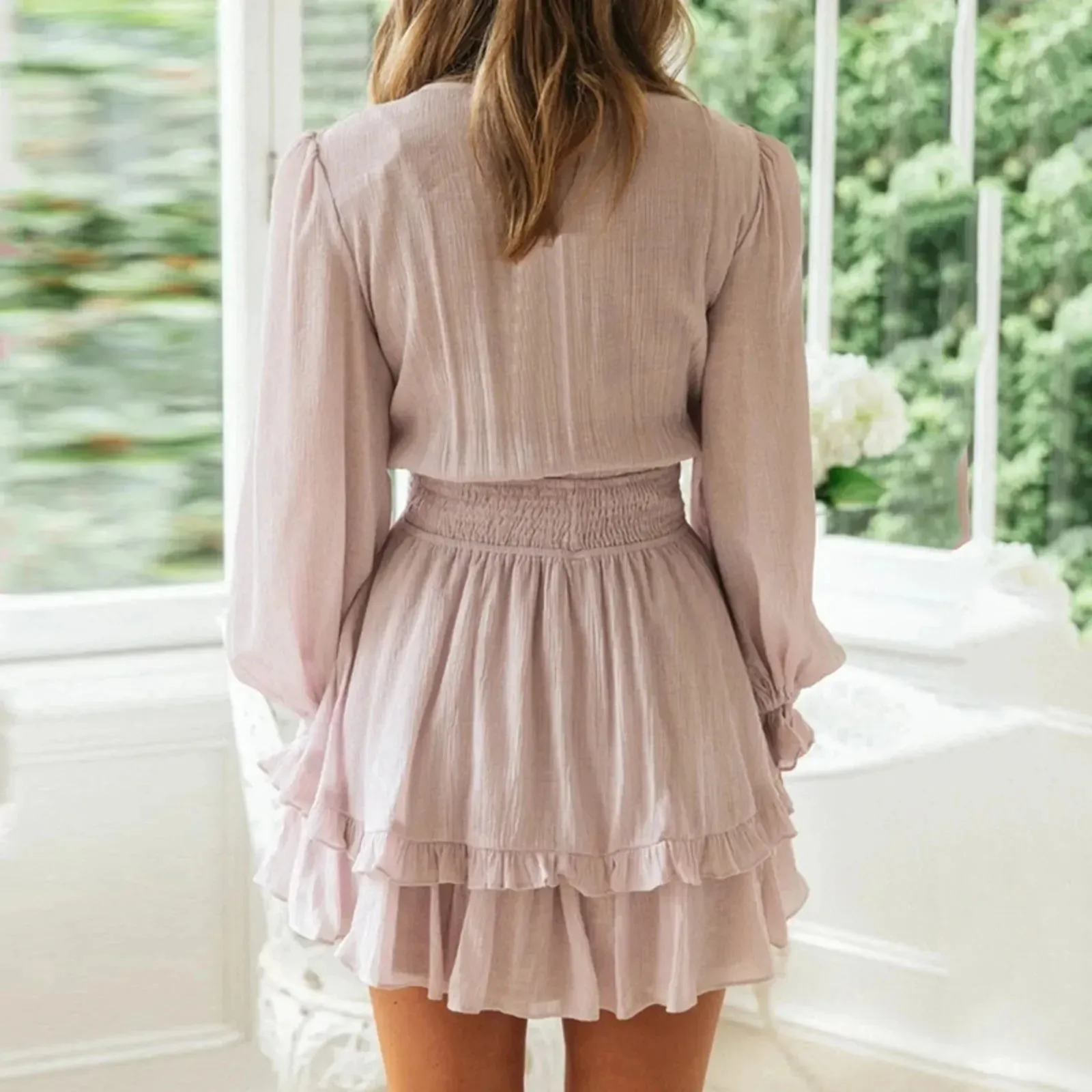 Casual Off Shoulder Strapless Holiday Sexy Short Bubble Sleeve Ruffles Pleated Party Backless Mini Summer Dress