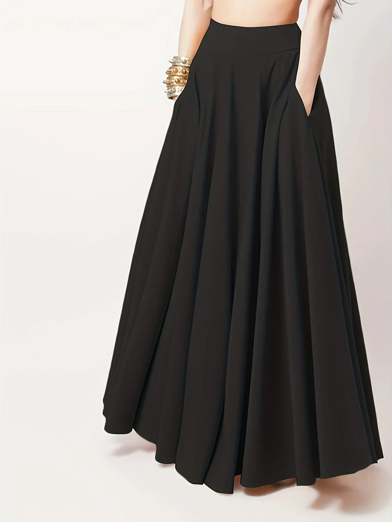 Casual Pleated Pockets High Waist Loose Maxi Dress