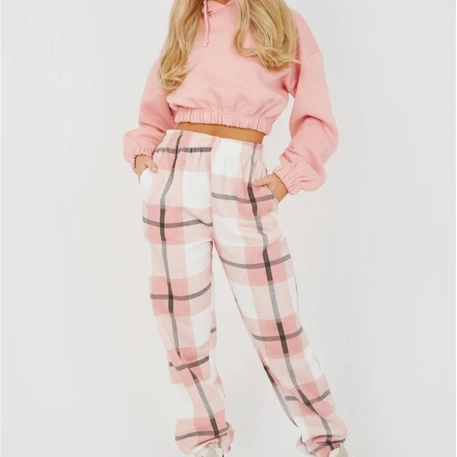 Checked Fleece Joggers Pink