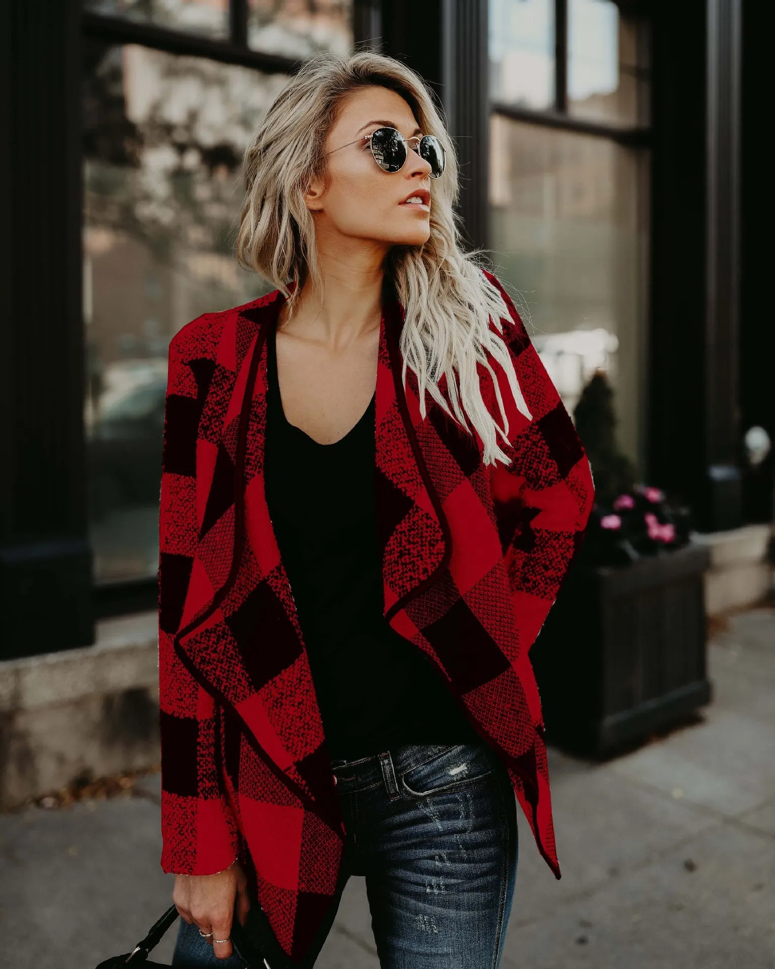 Checked Print Lapel Cardigan