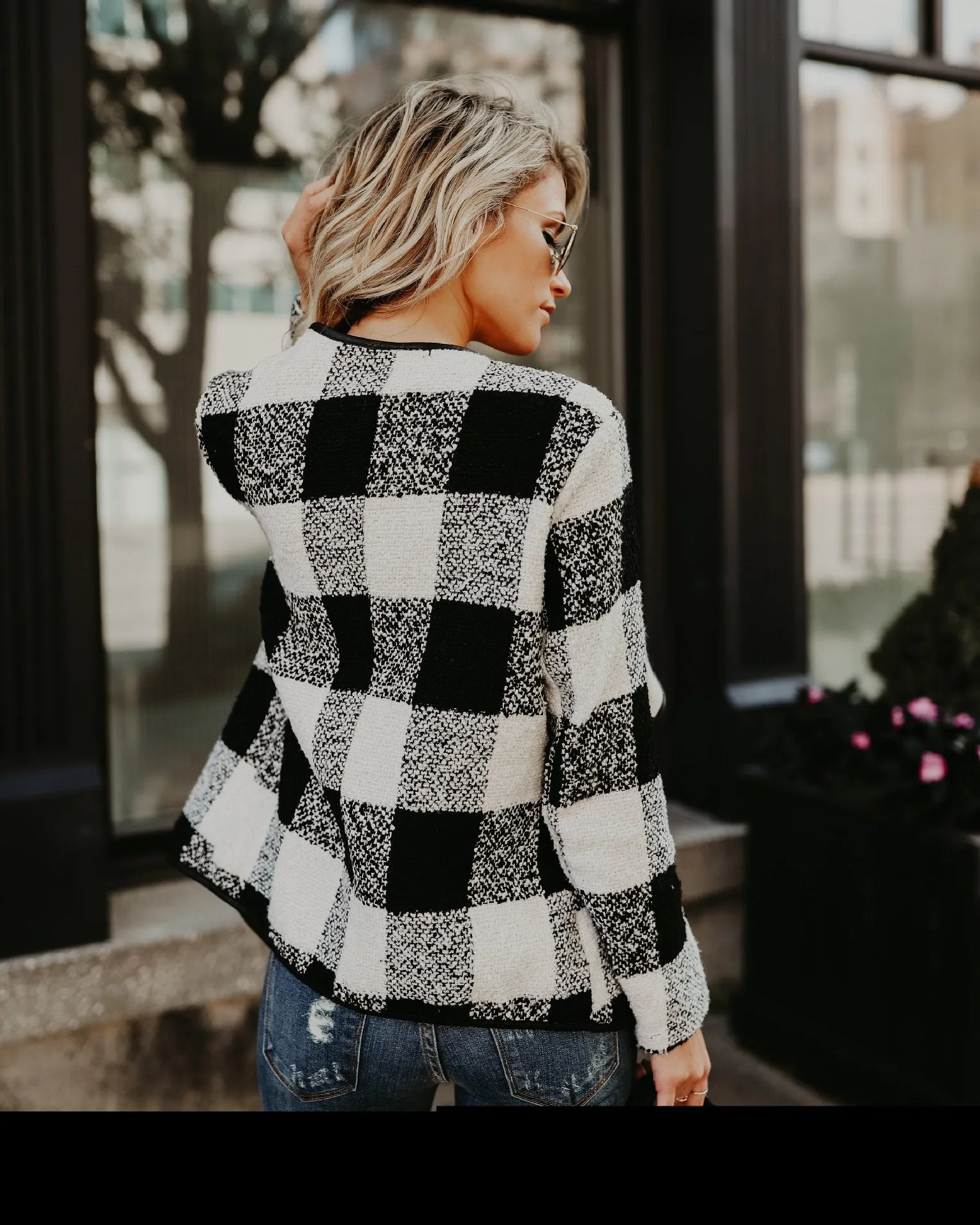 Checked Print Lapel Cardigan