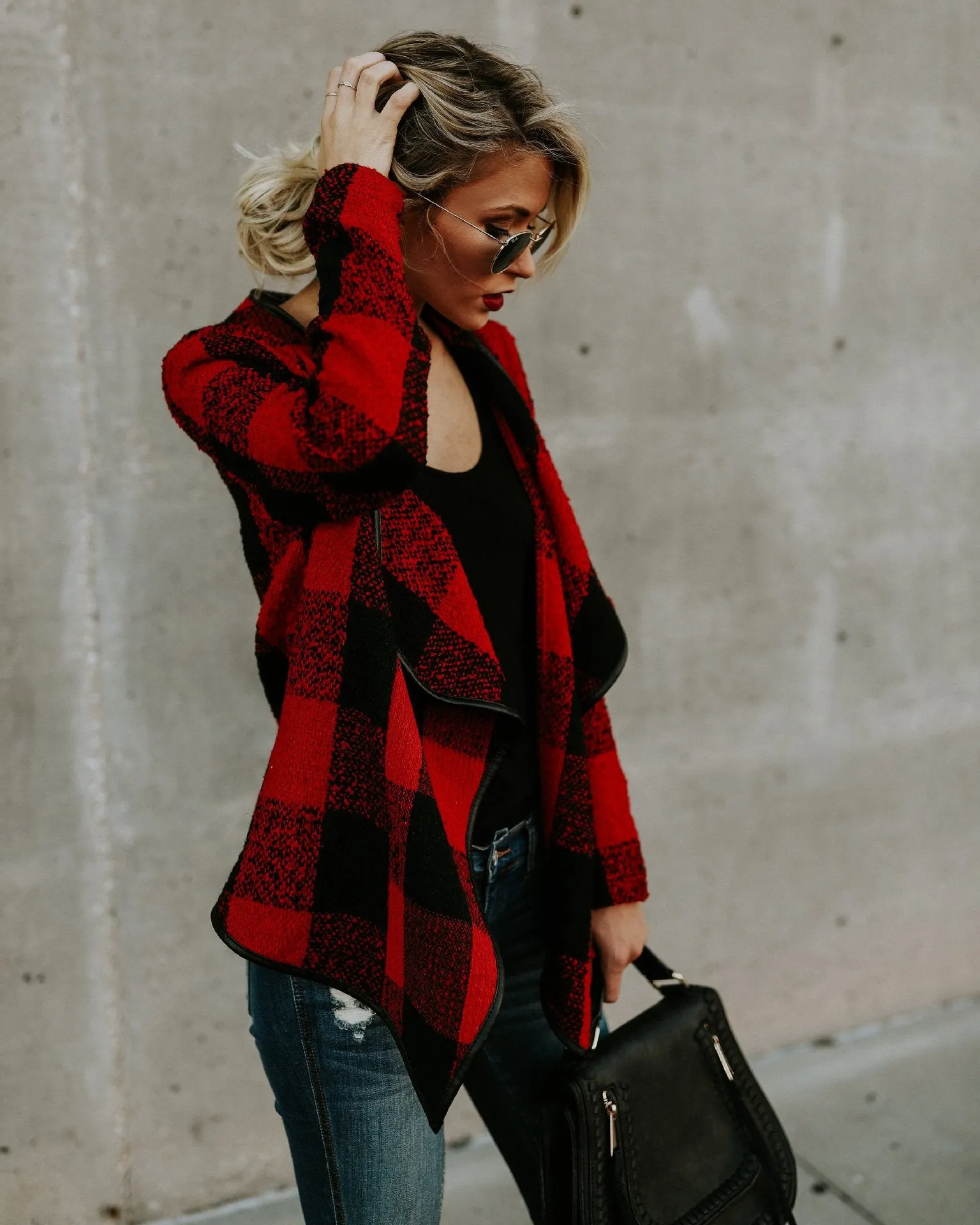 Checked Print Lapel Cardigan