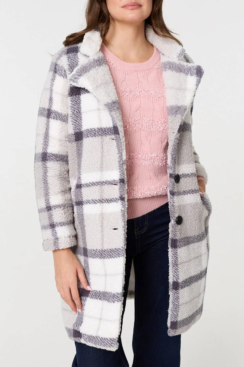 Checked Teddy Fur Thigh Length Jacket