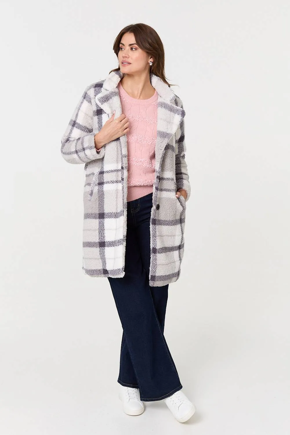 Checked Teddy Fur Thigh Length Jacket