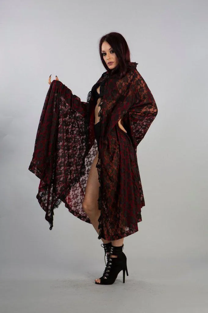 Cherryl Hooded Cape In Black Lace And Red Mesh Lining