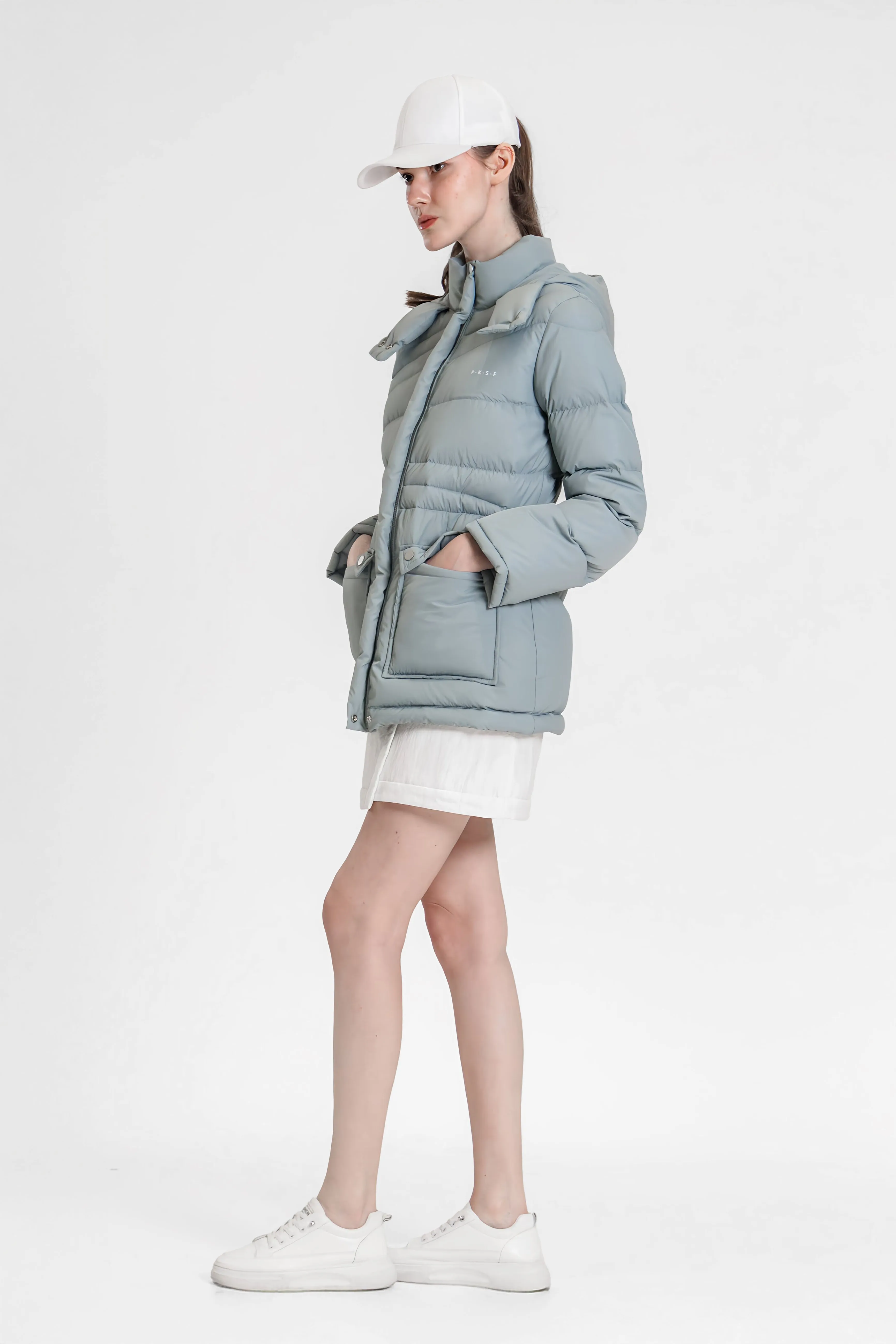 CHESTNUT BROWN/GRAY-BLUE WAVY QUILTED MID-LENGTH DOWN COAT