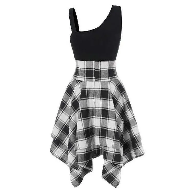 Chic Lace Up Plaid Elastic Waist Irregular Dress