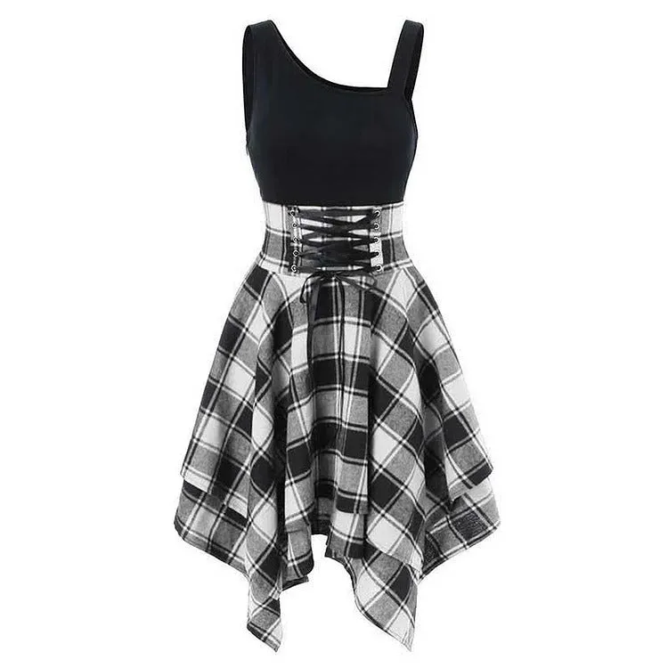 Chic Lace Up Plaid Elastic Waist Irregular Dress