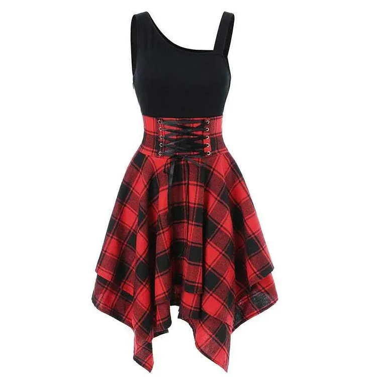 Chic Lace Up Plaid Elastic Waist Irregular Dress