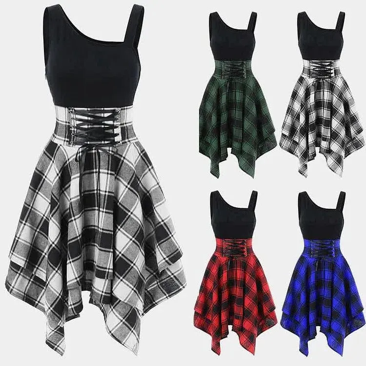 Chic Lace Up Plaid Elastic Waist Irregular Dress