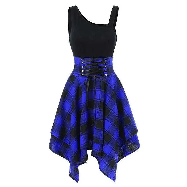 Chic Lace Up Plaid Elastic Waist Irregular Dress