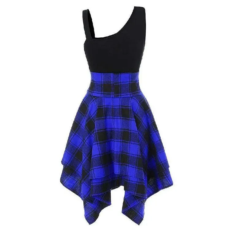 Chic Lace Up Plaid Elastic Waist Irregular Dress