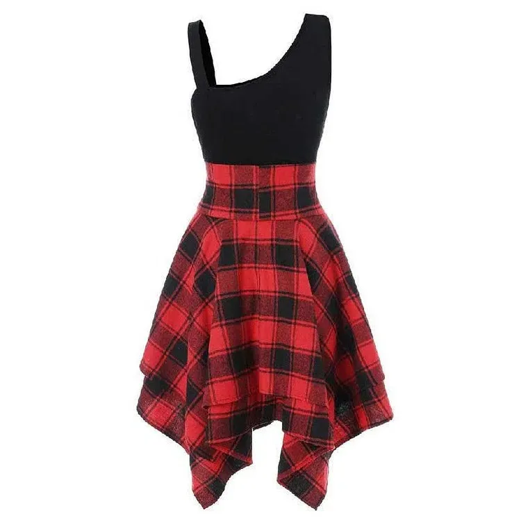 Chic Lace Up Plaid Elastic Waist Irregular Dress