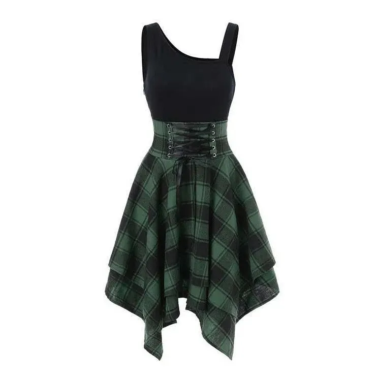 Chic Lace Up Plaid Elastic Waist Irregular Dress