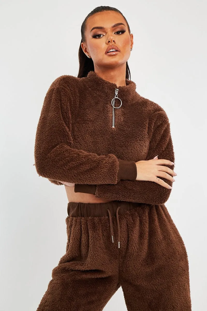 Chocolate Cropped Zip Front Teddy Jumper - Brady