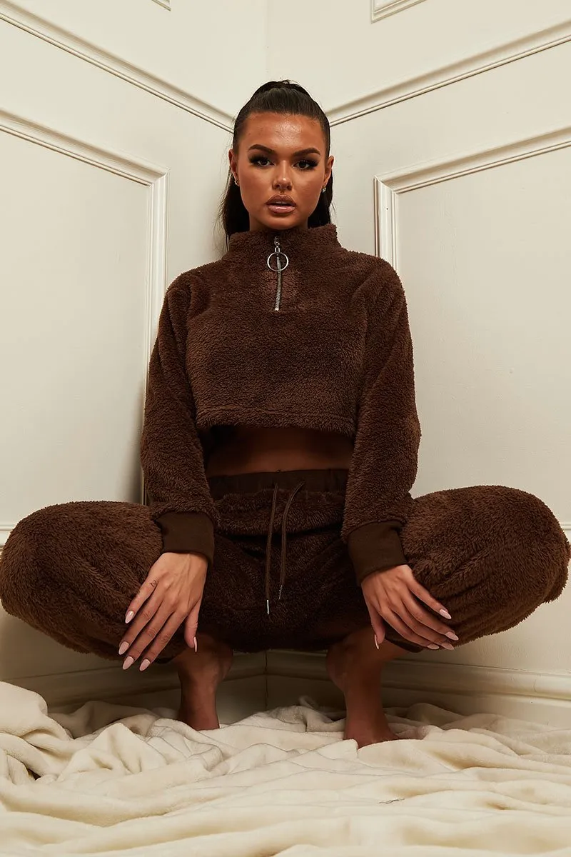 Chocolate Cropped Zip Front Teddy Jumper - Brady