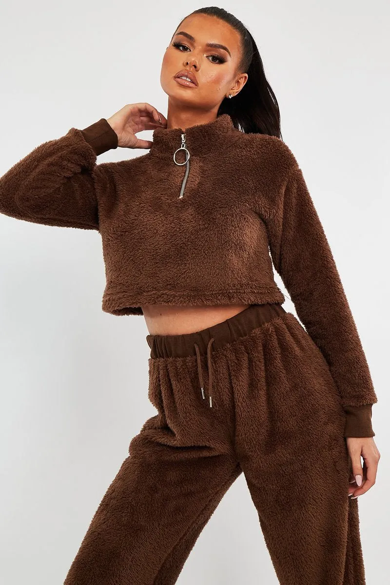 Chocolate Cropped Zip Front Teddy Jumper - Brady