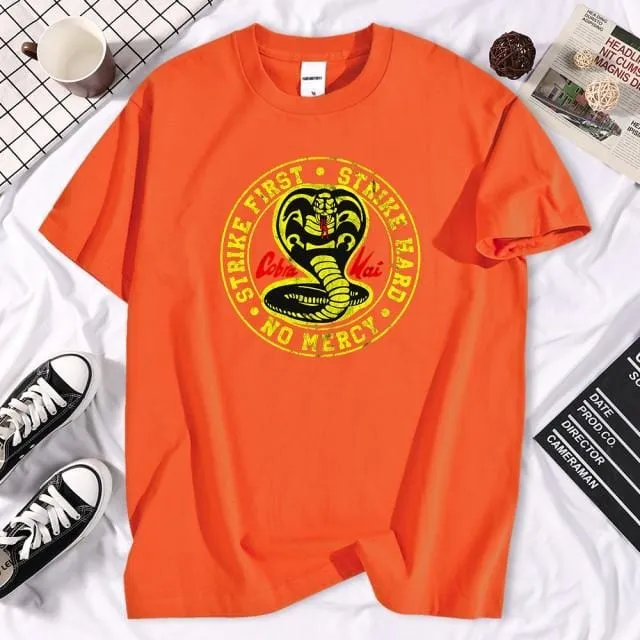 Cobra Kai T Shirt Men Strike First Strike Hard No Mercy Tshirt Shirts QualitySummer Top Tshirts Short Sleeves Tees Black T-Shirt