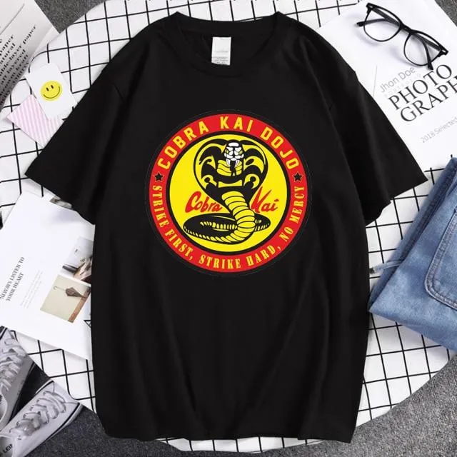 Cobra Kai T Shirt Men Strike First Strike Hard No Mercy Tshirt Shirts QualitySummer Top Tshirts Short Sleeves Tees Black T-Shirt