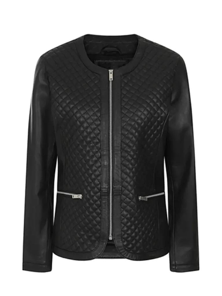 Collar Less Black Quilted Leather Jacket