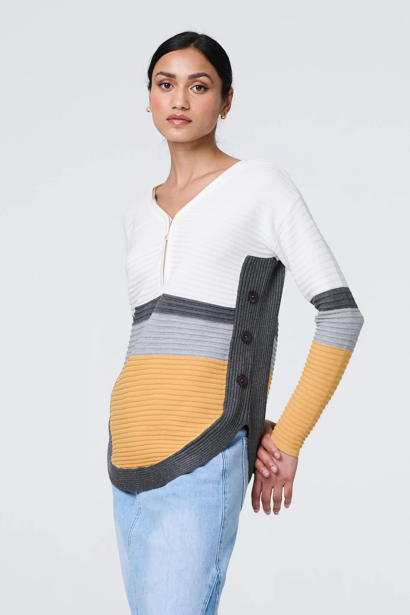 Colour Block Zip Detail V-Neck Jumper