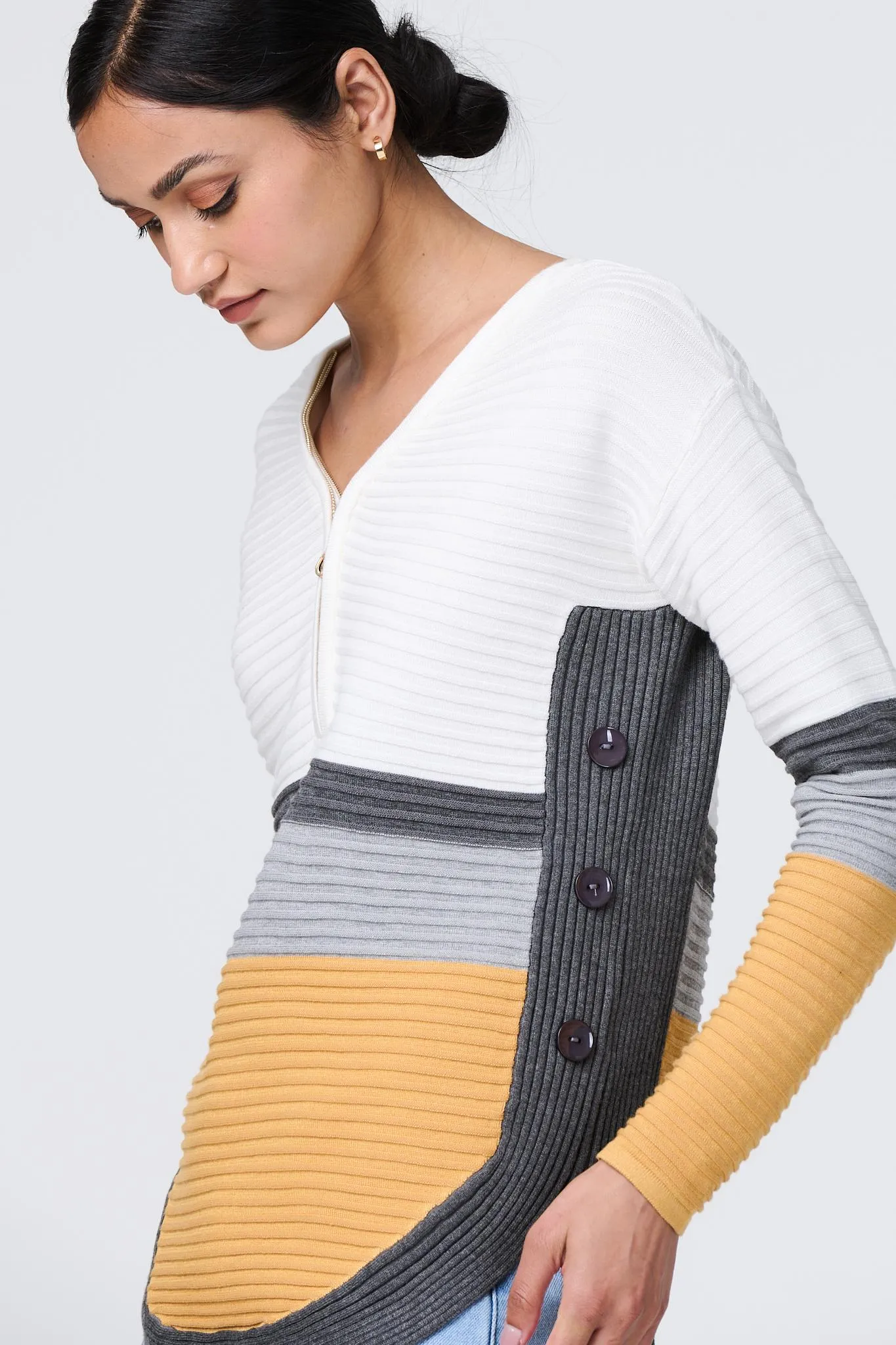 Colour Block Zip Detail V-Neck Jumper