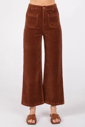 Corduroy Patch Pocket High-Rise Cropped Wide Leg Jeans in Copper Brown