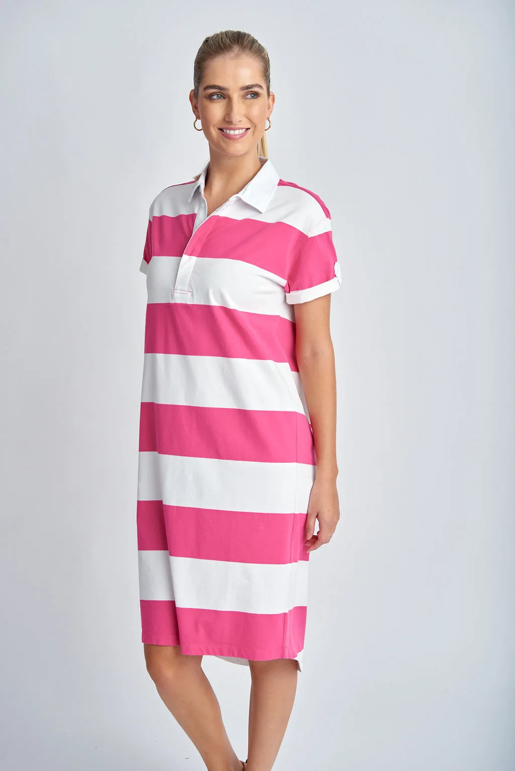 Cotton Stripe Rugby Dress White/Raspberry