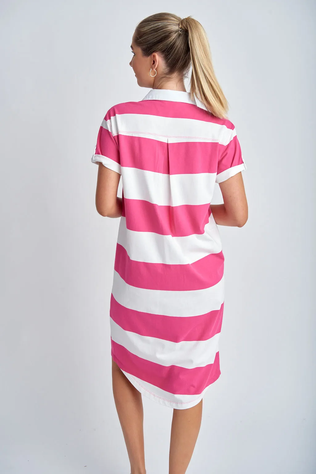 Cotton Stripe Rugby Dress White/Raspberry