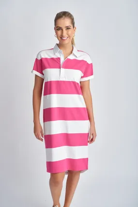 Cotton Stripe Rugby Dress White/Raspberry