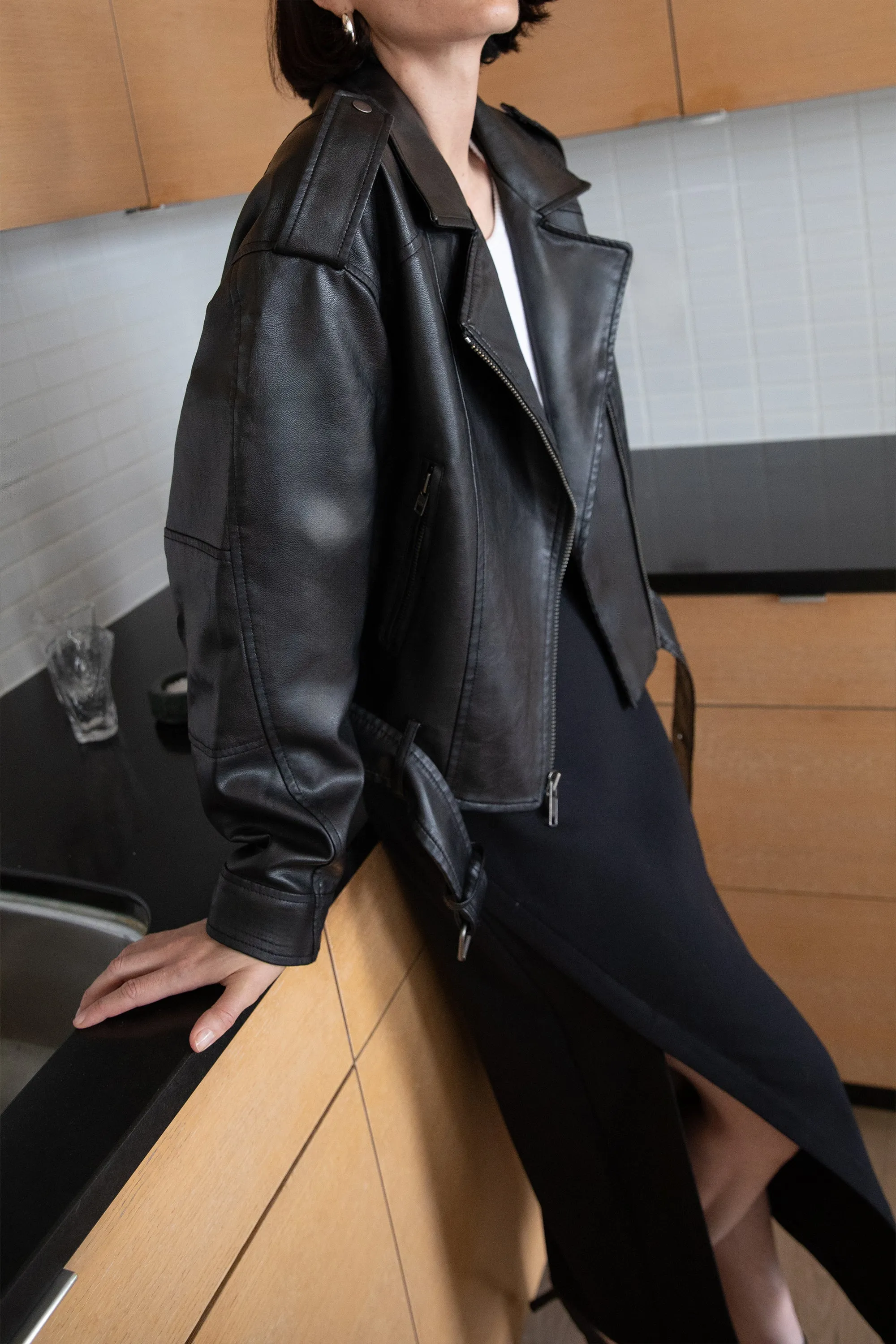 CROPPED VEGAN LEATHER MOTO JACKET