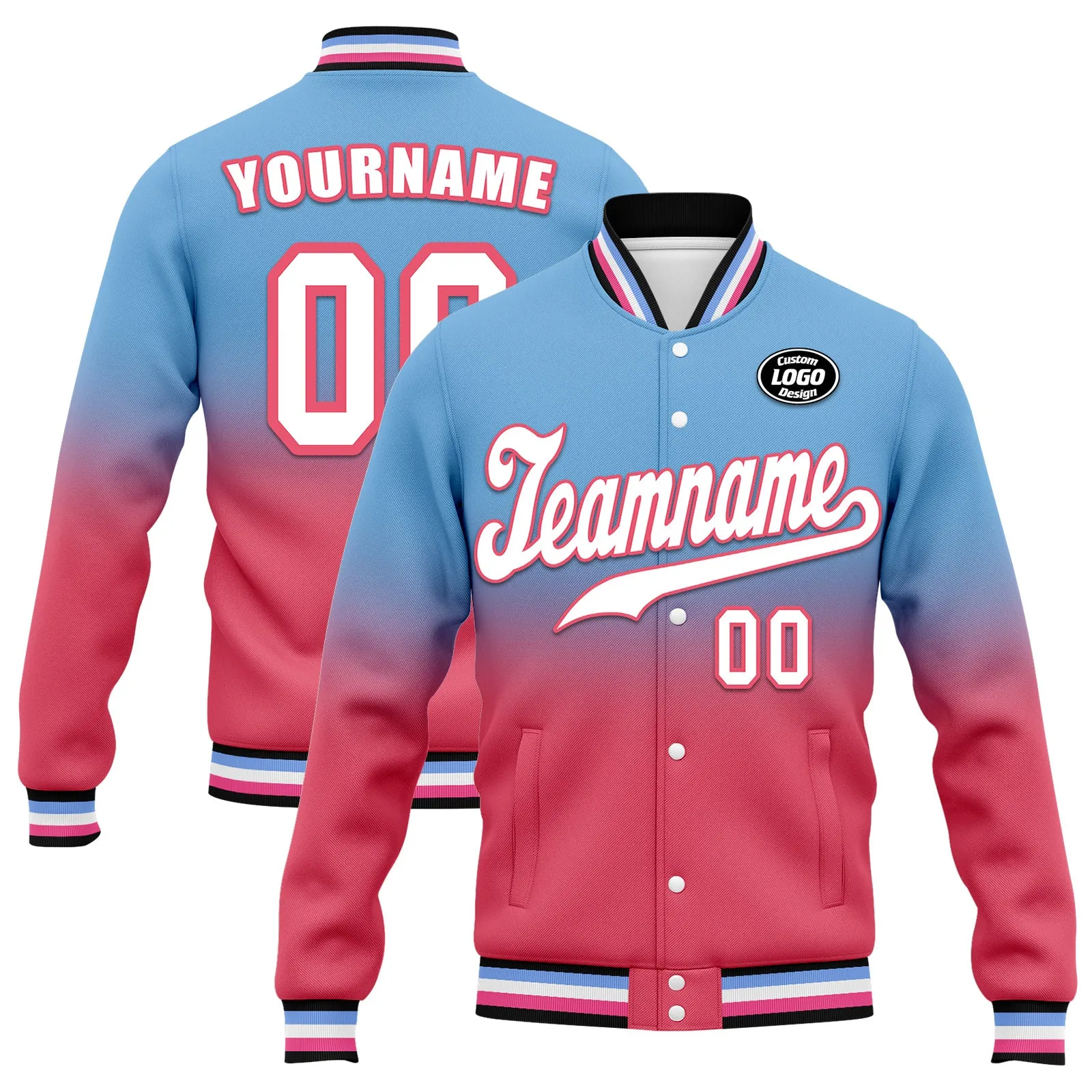 Custom Blue Pink Fade Fashion Jacket Bomber Full-Snap Varsity Letterman Personalized Jacket FZ005-D020229-30