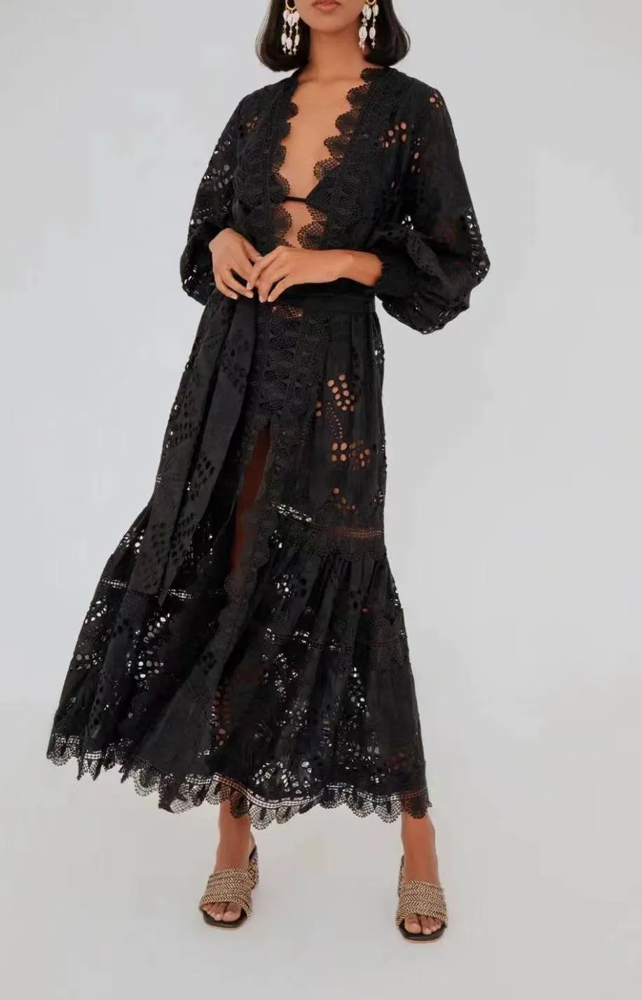 Dakota Embroidered Eyelets Scalloped Lace Belted Midi Dress