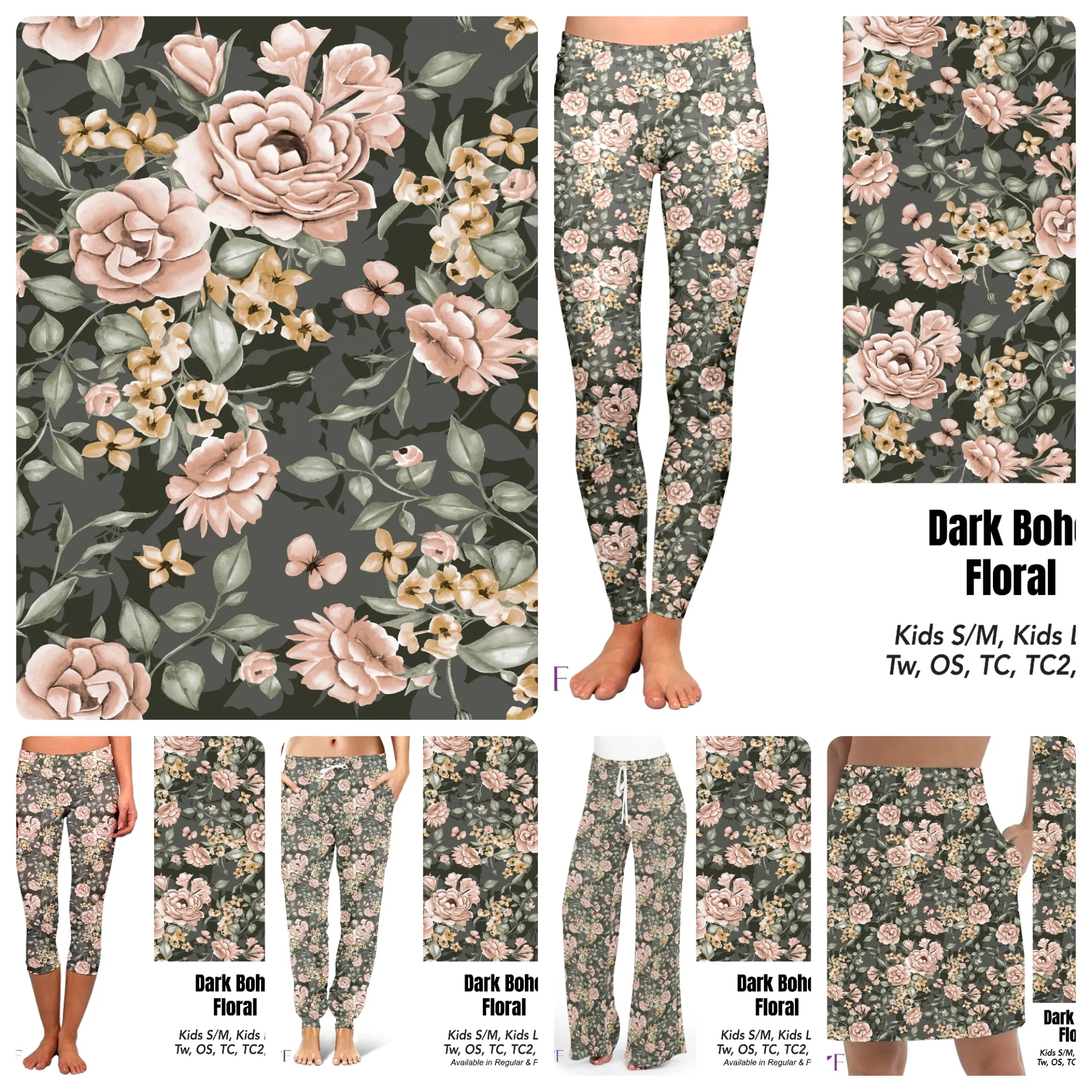 Dark Boho Floral leggings, capris and skorts with pockets