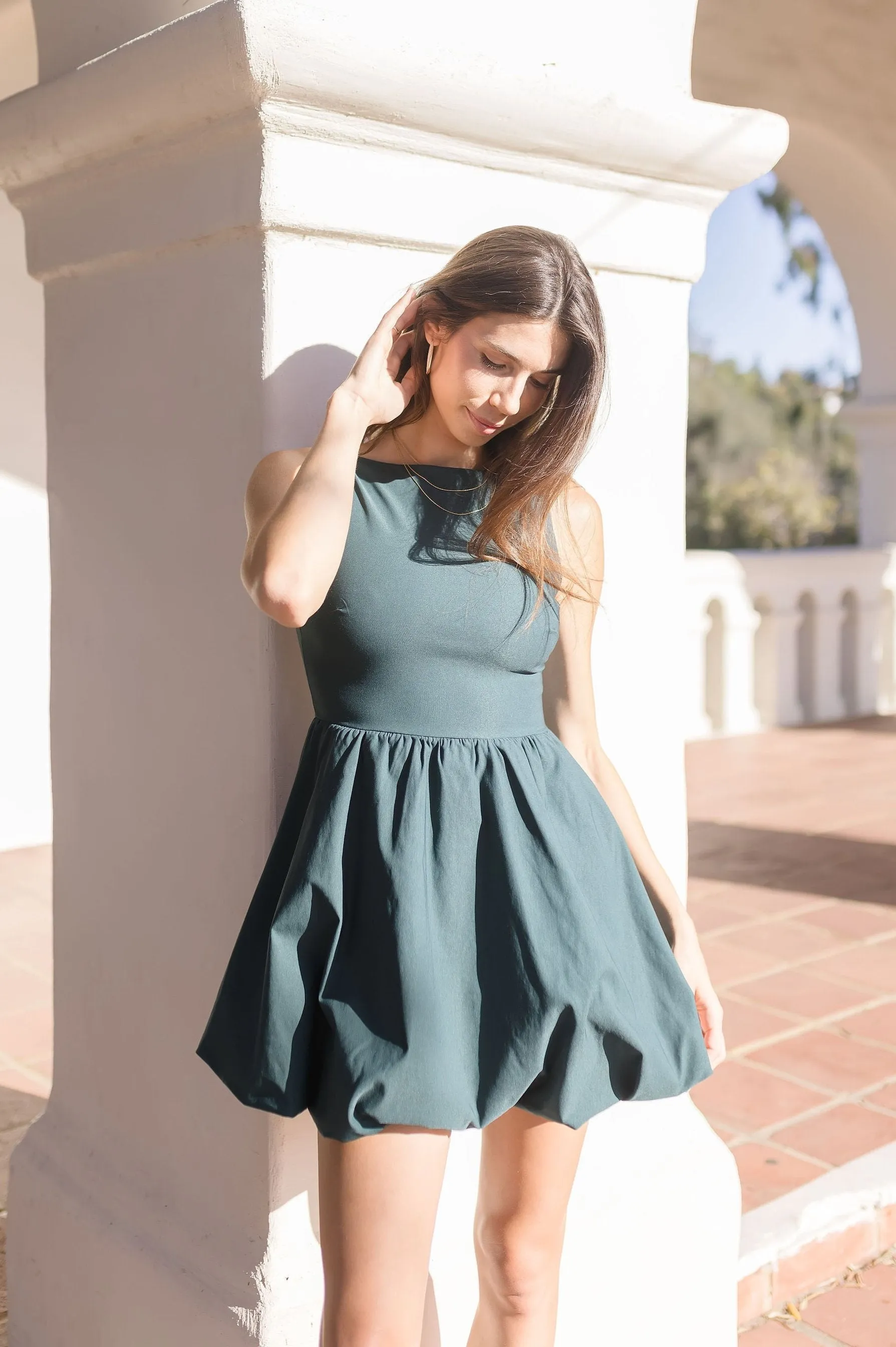 Davina Sleeveless Boatneck Bubble Mini Dress Hunter Green