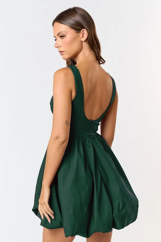 Davina Sleeveless Boatneck Bubble Mini Dress Hunter Green