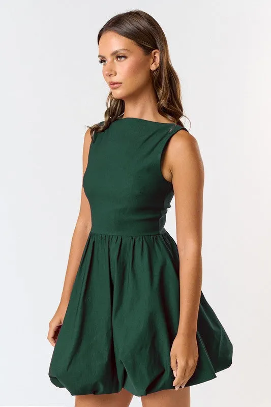 Davina Sleeveless Boatneck Bubble Mini Dress Hunter Green