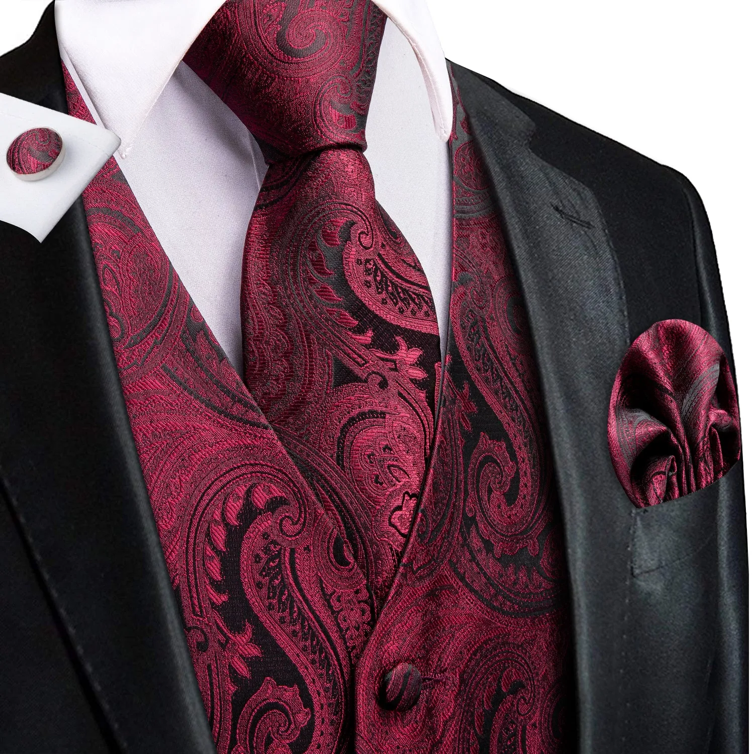 Deep Red Paisley Men's Vest Hanky Cufflinks Tie Set