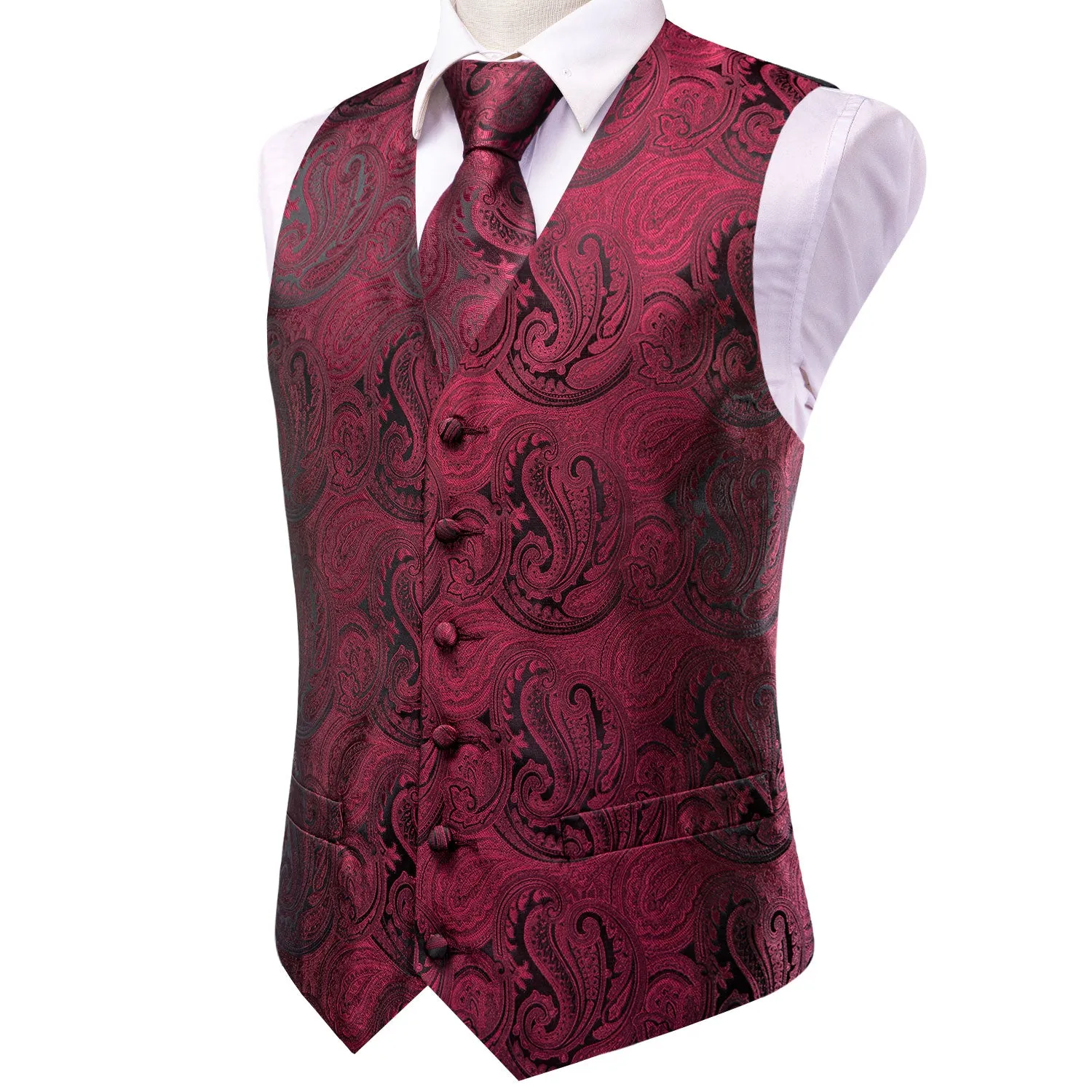 Deep Red Paisley Men's Vest Hanky Cufflinks Tie Set